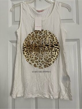 Camaieu White Tank Top with Gold Leopard Circle Graphic